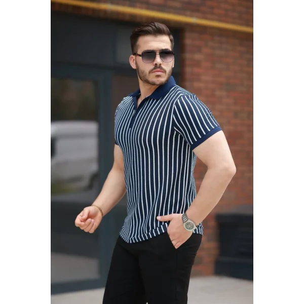 Erkek çizgili Fermuar Yakalı Kısa Kollu Tişört