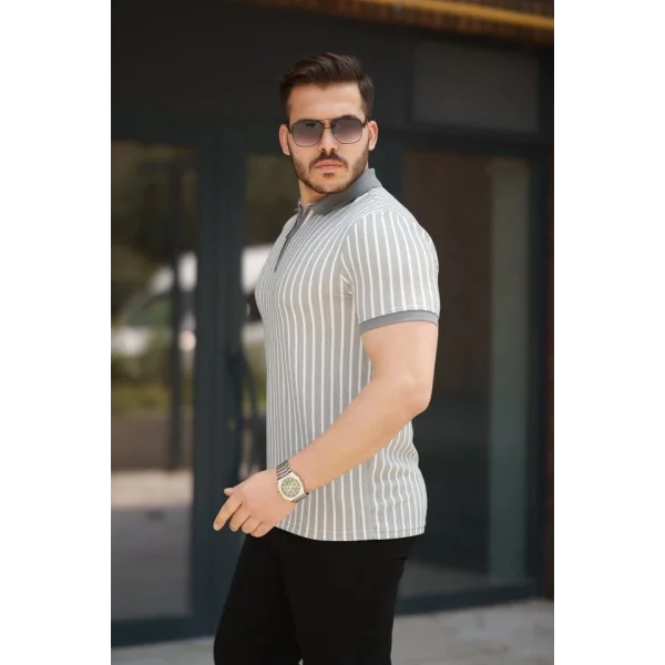Erkek çizgili Fermuar Yakalı Kısa Kollu Tişört