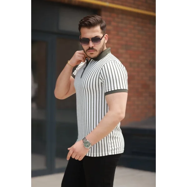 Erkek çizgili Fermuar Yakalı Kısa Kollu Tişört
