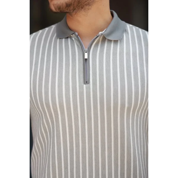 Erkek çizgili Fermuar Yakalı Kısa Kollu Tişört