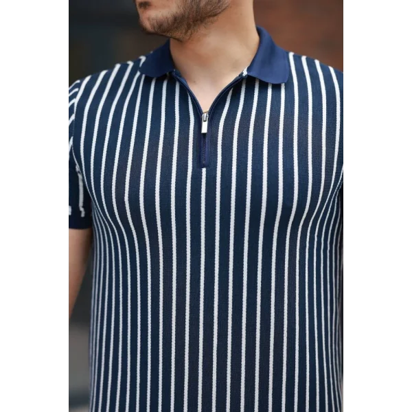 Erkek çizgili Fermuar Yakalı Kısa Kollu Tişört