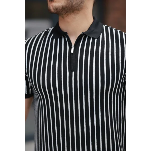 Erkek çizgili Fermuar Yakalı Kısa Kollu Tişört