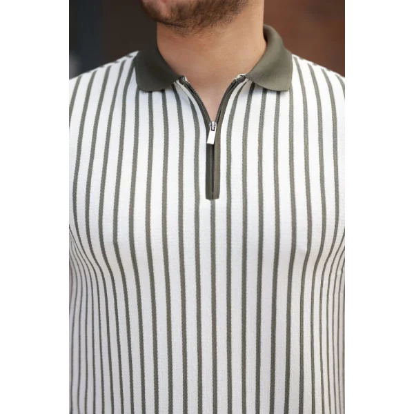 Erkek çizgili Fermuar Yakalı Kısa Kollu Tişört