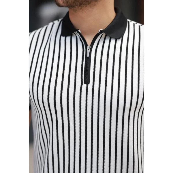 Erkek çizgili Fermuar Yakalı Kısa Kollu Tişört