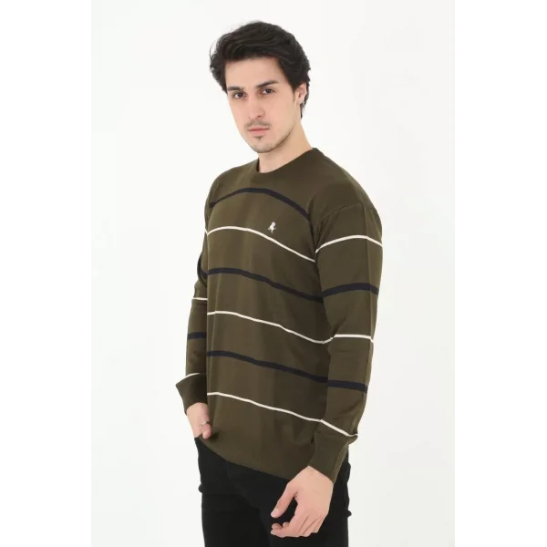 Erkek Çizgili Nakışlı Kazak - Yeşil