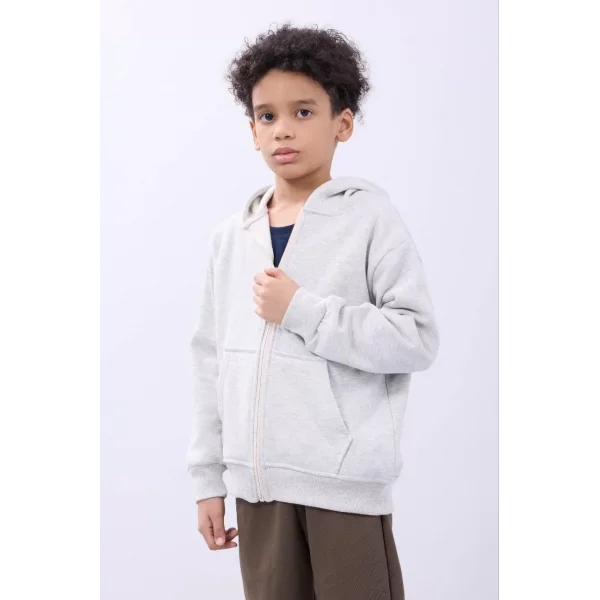 Erkek Çocuk Kapüşonlu Kanguru Çepli Tam Fermuarlı Hırka SweatShirt - Gri