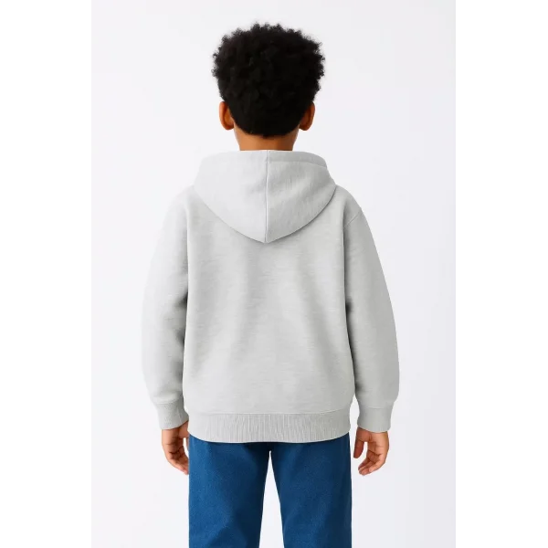 Erkek Çocuk Kapüşonlu Kanguru Çepli Tam Fermuarlı Hırka SweatShirt - Gri