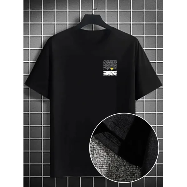 Erkek Dağ Grafikli Tişört, Yaz Için Büyük Beden Rahat T-shirt - Siyah