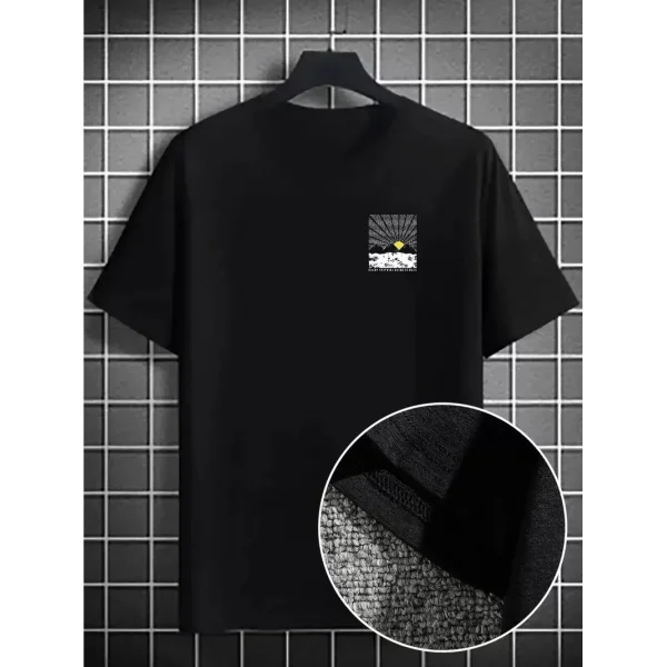 Erkek Dağ Grafikli Tişört, Yaz için Büyük Beden Rahat T-shirt - Siyah