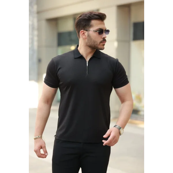 Erkek Deri Panel Detaylı Fermuar Yakalı Kısa Kollu Tişört