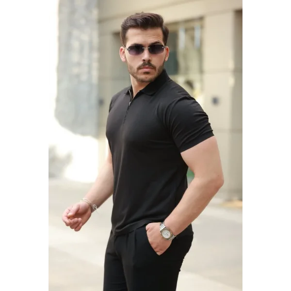 Erkek Deri Panel Detaylı Fermuar Yakalı Kısa Kollu Tişört