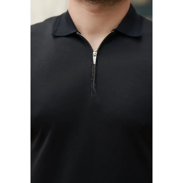 Erkek Deri Panel Detaylı Fermuar Yakalı Kısa Kollu Tişört