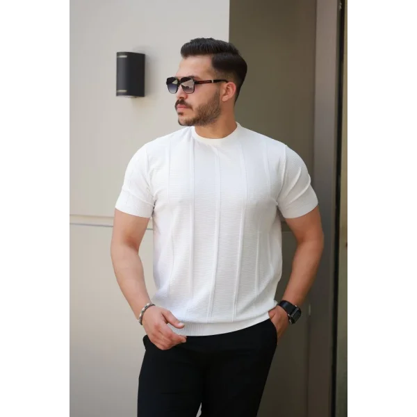 Erkek Desenli çizgi Kabartmalı Kısa Kollu Tişört