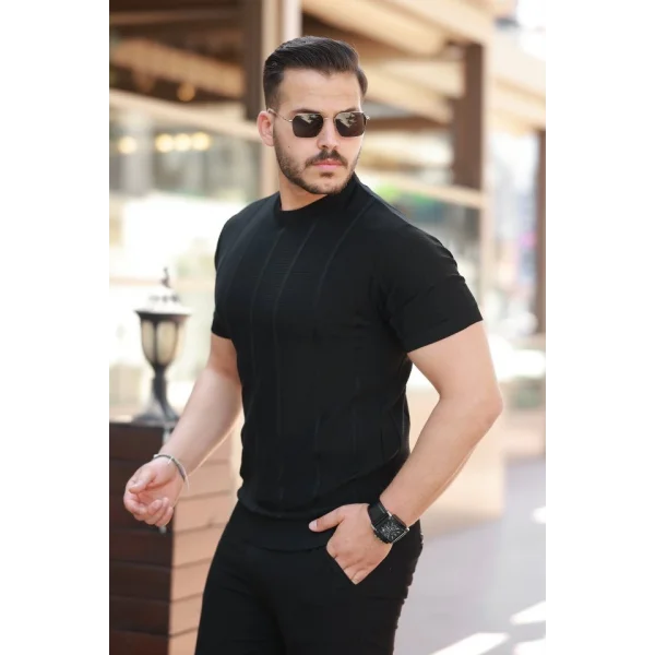 Erkek Desenli çizgi Kabartmalı Kısa Kollu Tişört