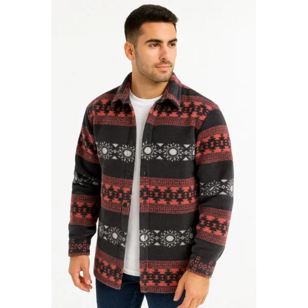 Erkek Desenli Polar Gömlek – Etnik Şerit Desen Yakalı, Uzun Kollu, Düğmeli, Oversize Rahat Kalıp - Füme