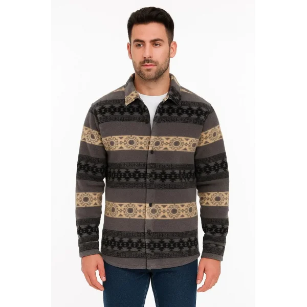 Erkek Desenli Polar Gömlek – Etnik Şerit Desen Yakalı, Uzun Kollu, Düğmeli, Oversize Rahat Kalıp - Füme