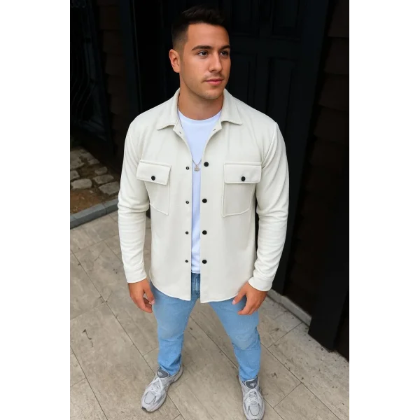 Erkek Diagonal Kumaş Cepli Çıtçıtlı uzun Kollu, Gömlek Oversize Rahat Kalıp Günlük Şık Stil - Beyaz
