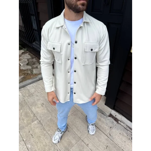 Erkek Diagonal Kumaş Cepli Çıtçıtlı Uzun Kollu, Gömlek Oversize Rahat Kalıp Günlük Şık Stil - Beyaz