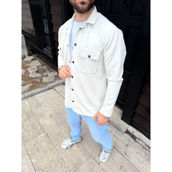 Erkek Diagonal Kumaş Cepli Çıtçıtlı Uzun Kollu, Gömlek Oversize Rahat Kalıp Günlük Şık Stil - Beyaz