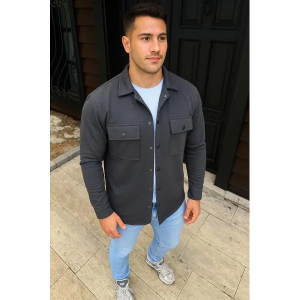 Erkek Diagonal Kumaş Cepli Çıtçıtlı Uzun Kollu, Gömlek Oversize Rahat Kalıp Günlük Şık Stil - Füme
