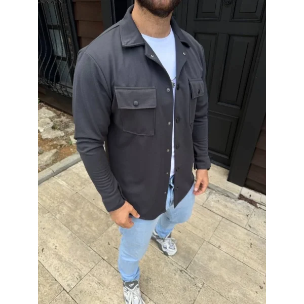 Erkek Diagonal Kumaş Cepli Çıtçıtlı Uzun Kollu, Gömlek Oversize Rahat Kalıp Günlük Şık Stil - Füme