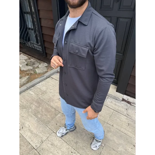 Erkek Diagonal Kumaş Cepli Çıtçıtlı uzun Kollu, Gömlek Oversize Rahat Kalıp Günlük Şık Stil - Füme