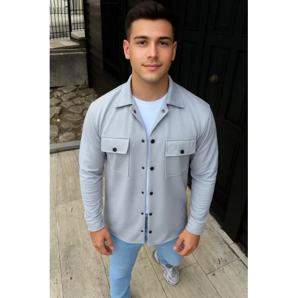 Erkek Diagonal Kumaş Cepli Çıtçıtlı Uzun Kollu, Gömlek Oversize Rahat Kalıp Günlük Şık Stil - Gri