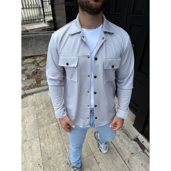 Erkek Diagonal Kumaş Cepli Çıtçıtlı Uzun Kollu, Gömlek Oversize Rahat Kalıp Günlük Şık Stil - Gri