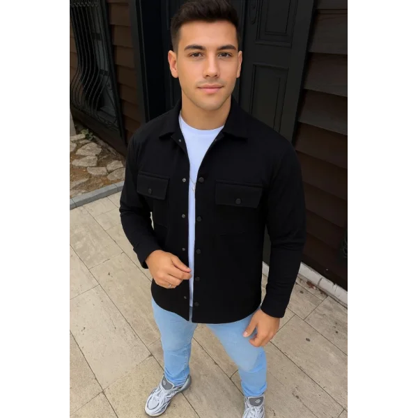 Erkek Diagonal Kumaş Cepli Çıtçıtlı Uzun Kollu, Gömlek Oversize Rahat Kalıp Günlük Şık Stil - Siyah