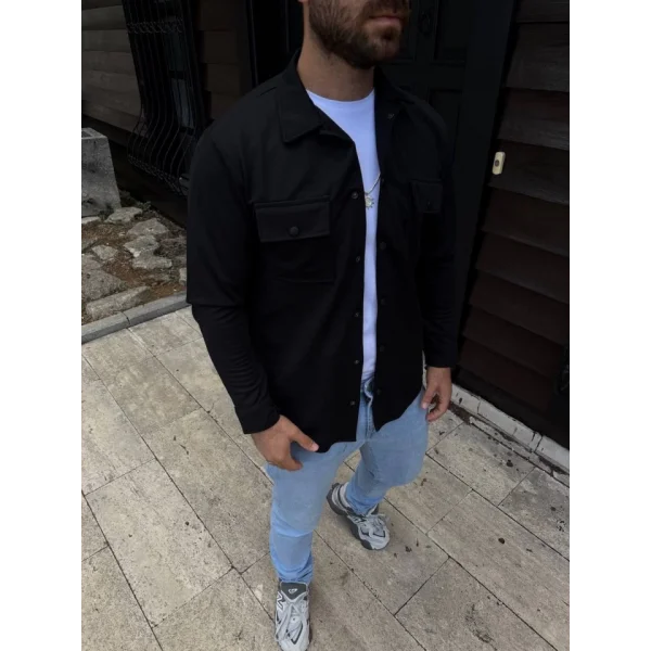 Erkek Diagonal Kumaş Cepli Çıtçıtlı Uzun Kollu, Gömlek Oversize Rahat Kalıp Günlük Şık Stil - Siyah