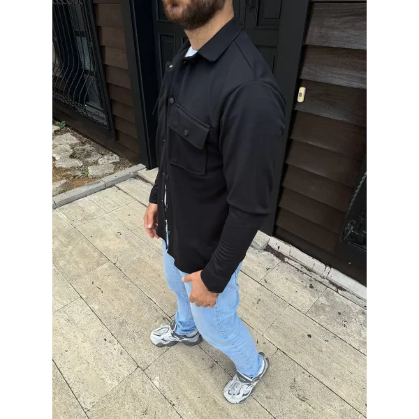 Erkek Diagonal Kumaş Cepli Çıtçıtlı uzun Kollu, Gömlek Oversize Rahat Kalıp Günlük Şık Stil - Siyah