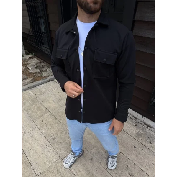 Erkek Diagonal Kumaş Cepli Çıtçıtlı Uzun Kollu, Gömlek Oversize Rahat Kalıp Günlük Şık Stil - Siyah