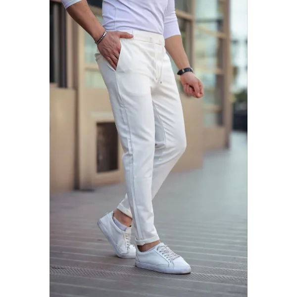 Erkek Diagonel Mikro dokulu Cepli Beli Lastilki Pantolon - Beyaz