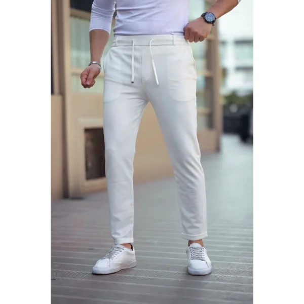 Erkek Diagonel Mikro Dokulu Cepli Beli Lastilki Pantolon - Beyaz