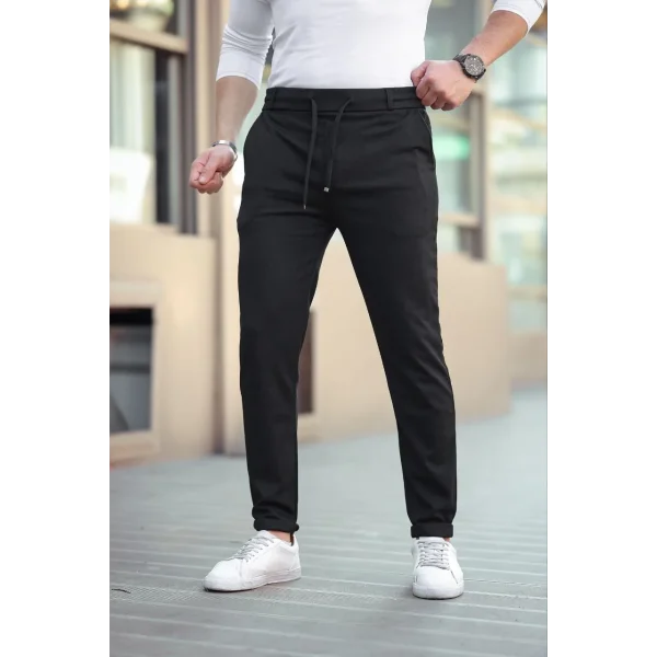 Erkek Diagonel Mikro dokulu Cepli Beli Lastilki Pantolon - Siyah