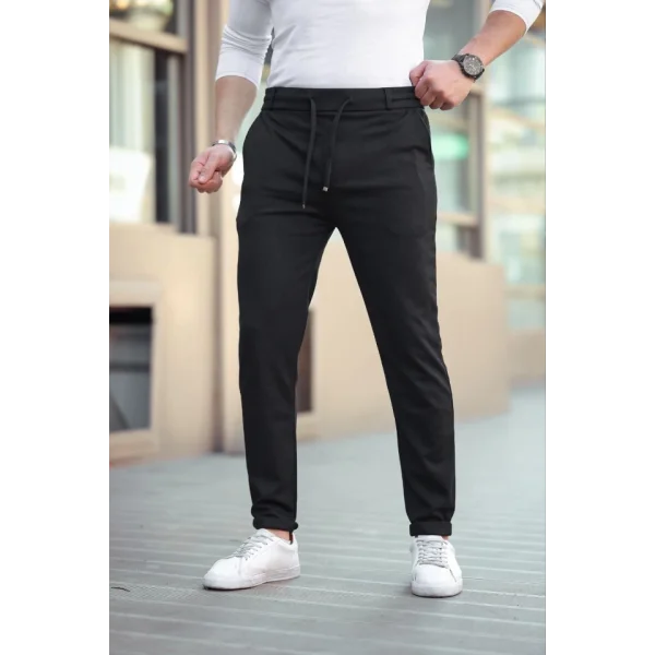 Erkek Diagonel Mikro Dokulu Cepli Beli Lastilki Pantolon - Siyah