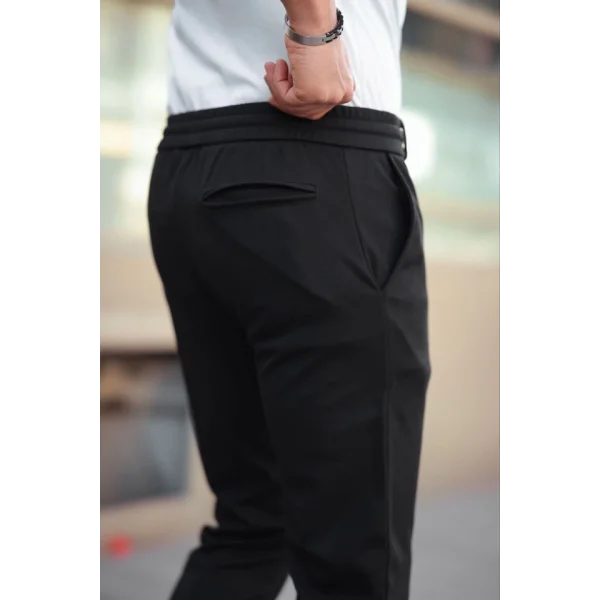 Erkek Diagonel Mikro Dokulu Cepli Beli Lastilki Pantolon - Siyah