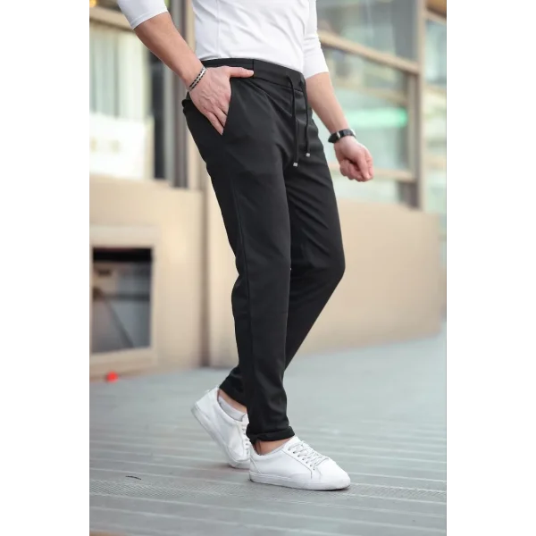 Erkek Diagonel Mikro dokulu Cepli Beli Lastilki Pantolon - Siyah