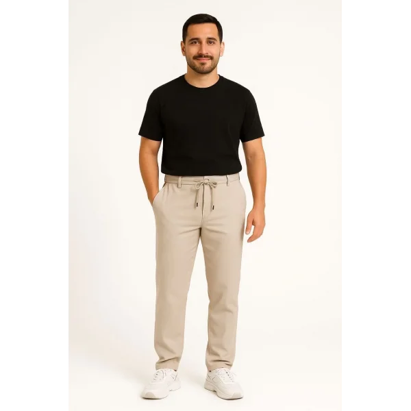 Erkek Diagonel Mikro dokulu Cepli Pantolon - Bej