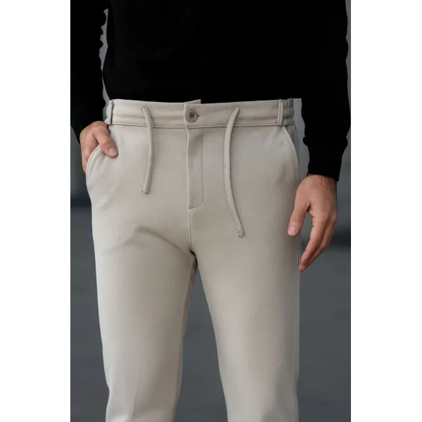 Erkek Diagonel Mikro dokulu Cepli Pantolon - Bej