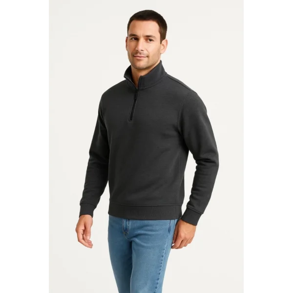 Erkek Dik Yaka Sweatshirt Dik Yaka Yarım Fermuarlı 3 İplik Şardonlu Pamuk Kumaş - Antrasit