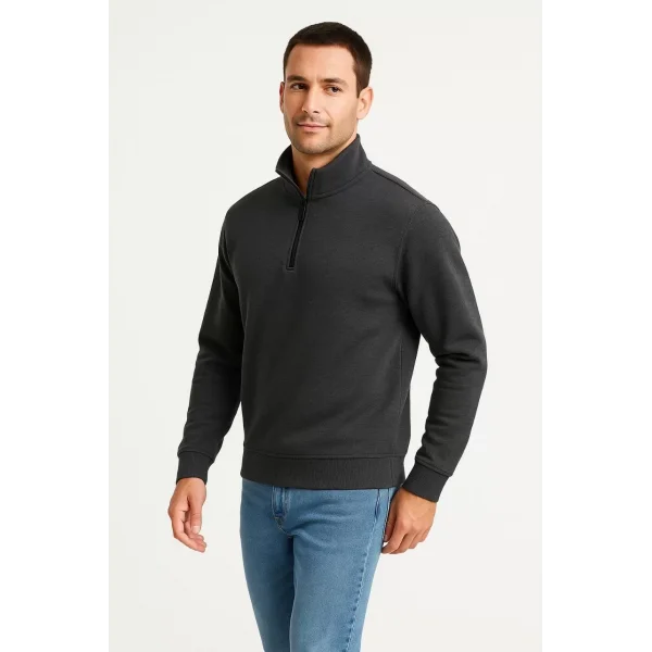 Erkek Dik Yaka Sweatshirt Dik Yaka Yarım Fermuarlı 3 İplik Şardonlu Pamuk Kumaş - Antrasit