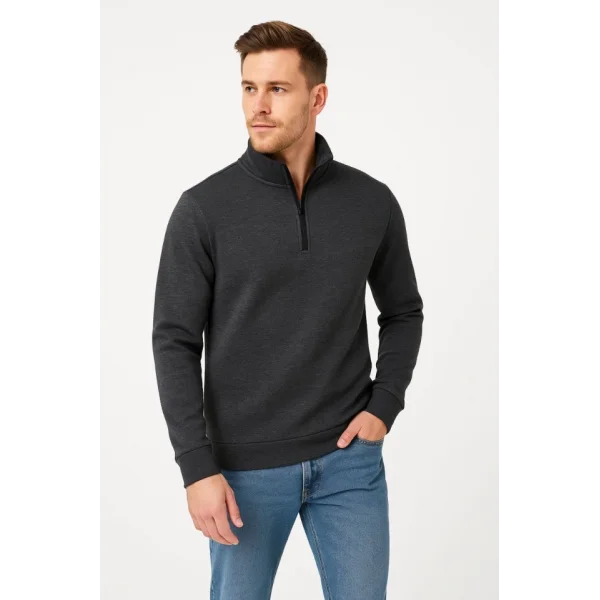 Erkek Dik Yaka Sweatshirt Dik Yaka Yarım Fermuarlı 3 İplik Şardonlu Pamuk Kumaş - Antrasit