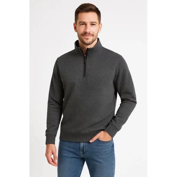 Erkek Dik Yaka Sweatshirt Dik Yaka Yarım Fermuarlı 3 İplik Şardonlu Pamuk Kumaş - Antrasit