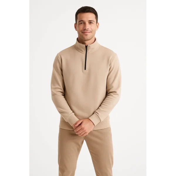 Erkek Dik Yaka Sweatshirt Dik Yaka Yarım Fermuarlı 3 İplik Şardonlu Pamuk Kumaş - Bej