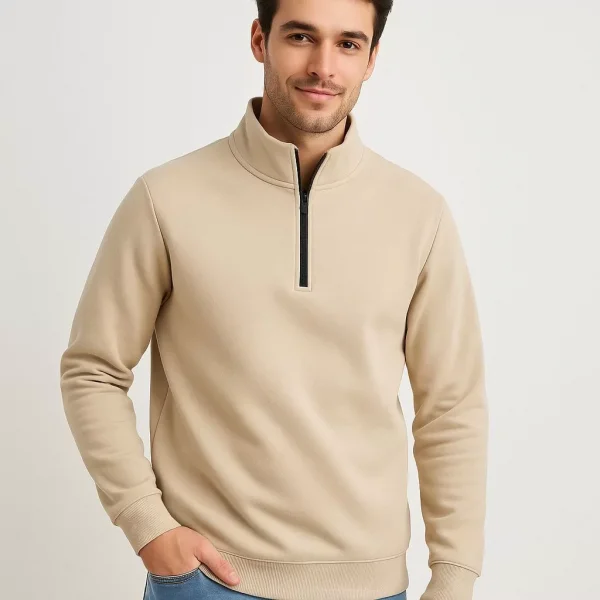 Erkek Dik Yaka Sweatshirt Dik Yaka Yarım Fermuarlı 3 İplik Şardonlu Pamuk Kumaş - Bej