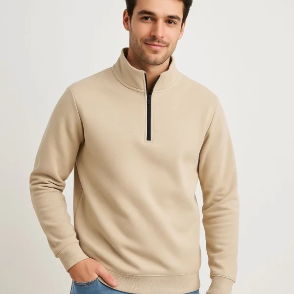 Erkek Dik Yaka Sweatshirt Dik Yaka Yarım Fermuarlı 3 İplik Şardonlu Pamuk Kumaş - Bej