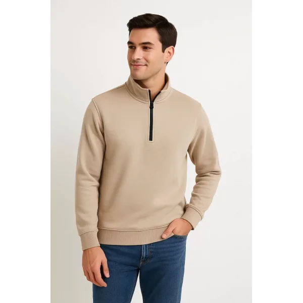 Erkek Dik Yaka Sweatshirt Dik Yaka Yarım Fermuarlı 3 İplik Şardonlu Pamuk Kumaş - Bej