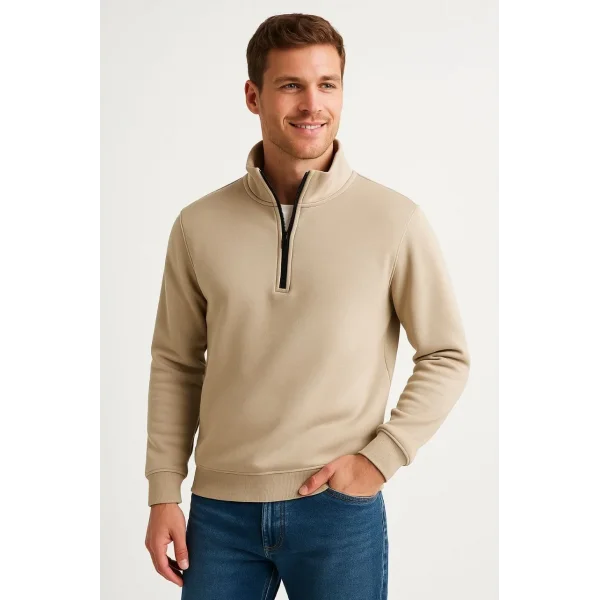 Erkek Dik Yaka Sweatshirt Dik Yaka Yarım Fermuarlı 3 İplik Şardonlu Pamuk Kumaş - Bej