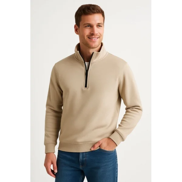 Erkek Dik Yaka Sweatshirt Dik Yaka Yarım Fermuarlı 3 İplik Şardonlu Pamuk Kumaş - Bej